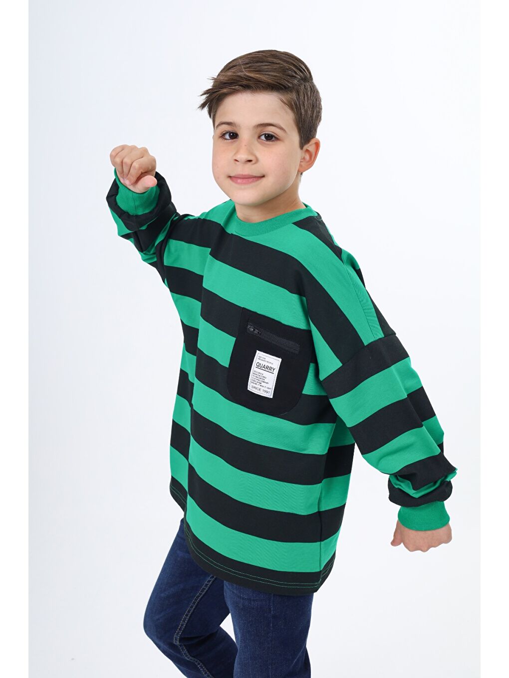 Yeşil Erkek Çocuk Çizgili Sweatshirt