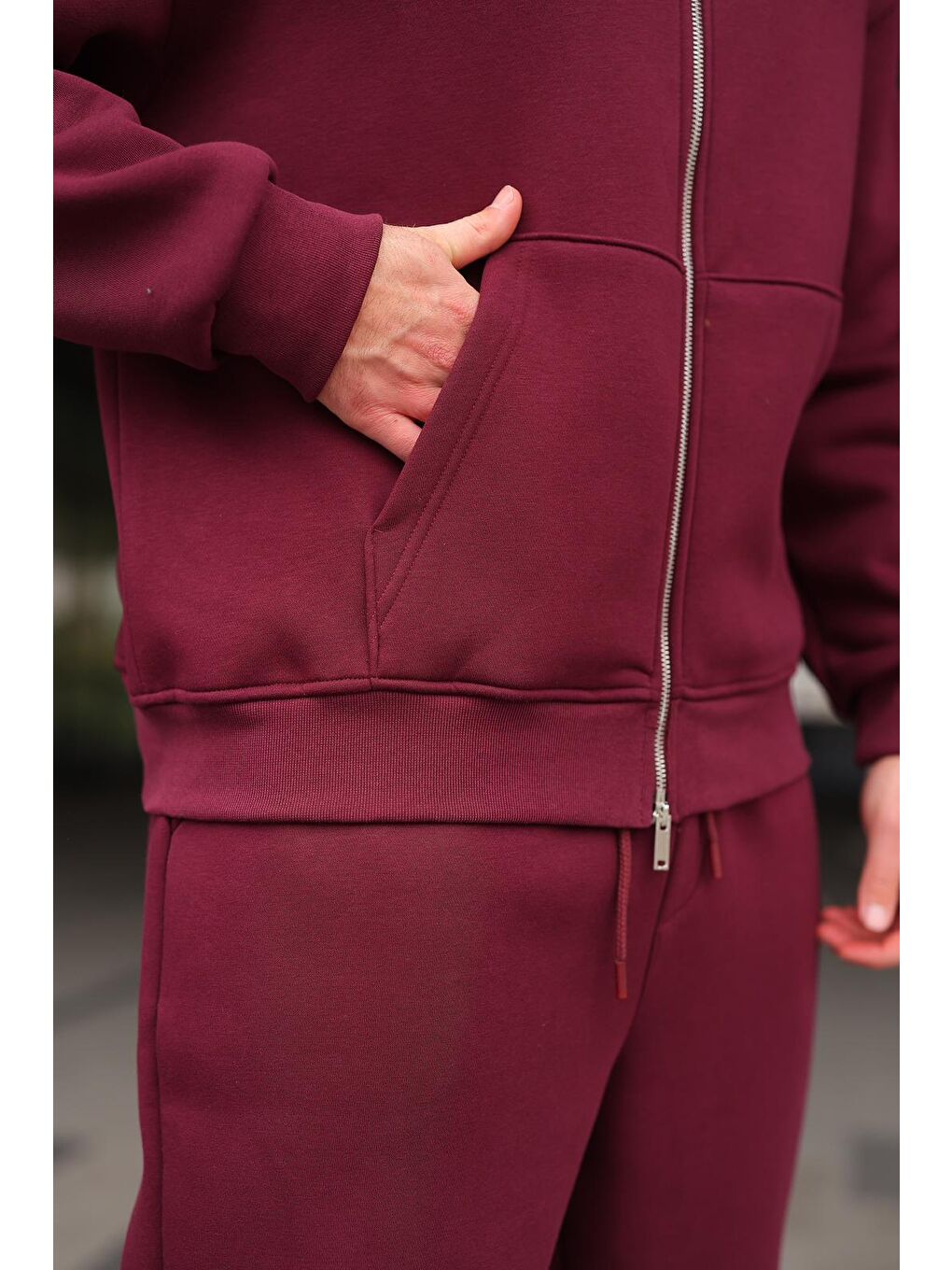 Bordo Çift Fermuarlı Kapüşonlu Eşofman Takımı E7345-2