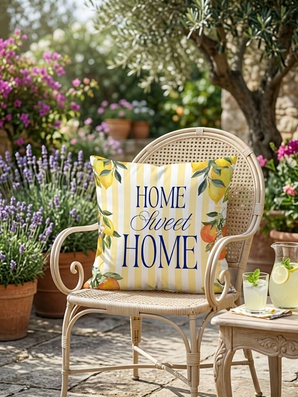 Sarı Home Sweet Home Limon Desenli Çift Taraflı Dijital Baskılı Kadife Kırlent Kılıfı - 43x43 cm-1