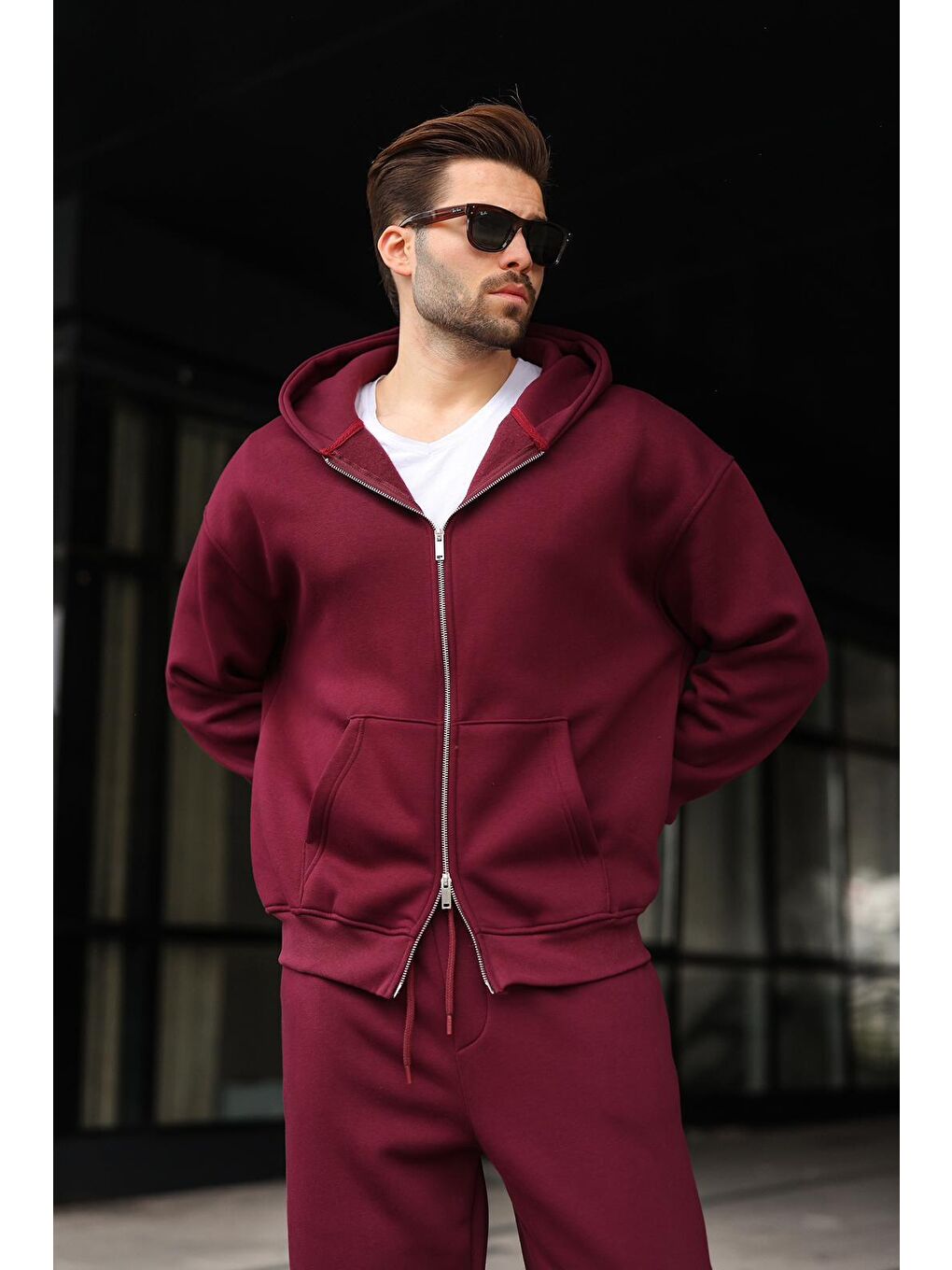 Bordo Çift Fermuarlı Kapüşonlu Eşofman Takımı E7345-3