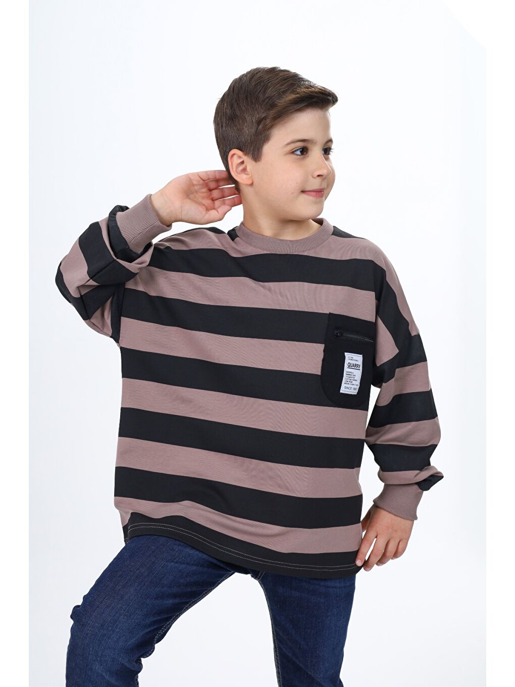 Kahverengi Erkek Çocuk Çizgili Sweatshirt-1