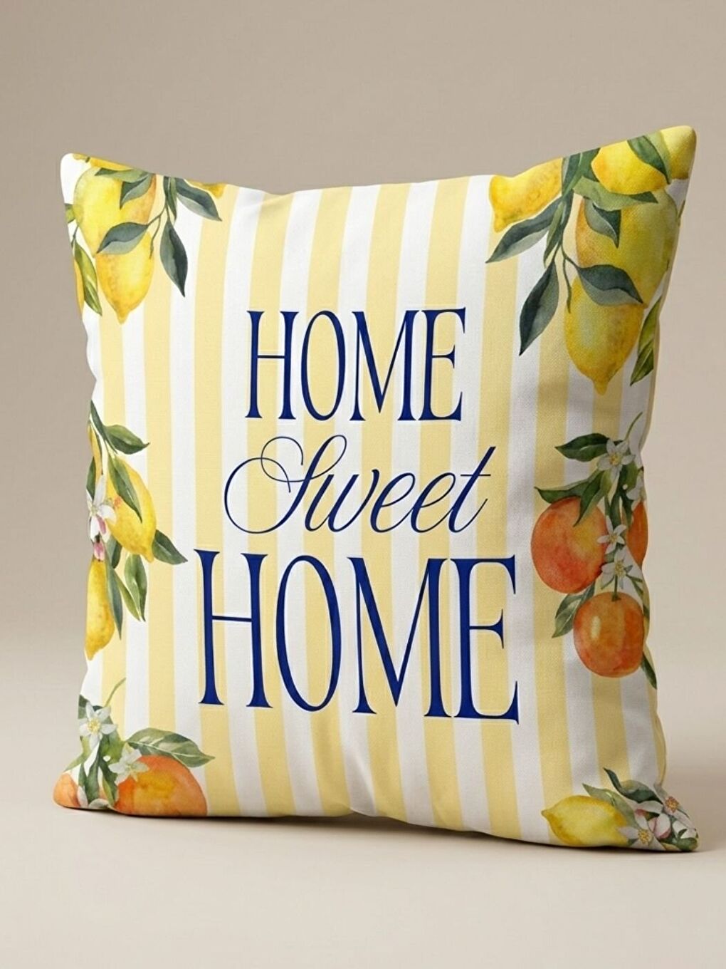 Sarı Home Sweet Home Limon Desenli Çift Taraflı Dijital Baskılı Kadife Kırlent Kılıfı - 43x43 cm-2