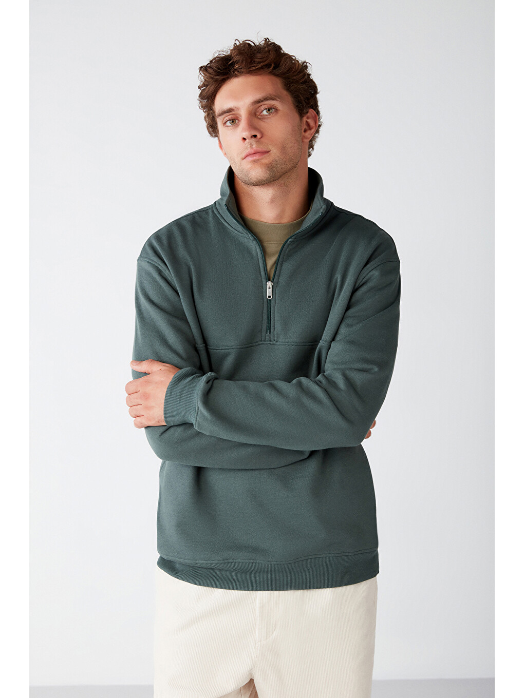 Frame Erkek Yarım Fermuarlı Dik Yakalı Yumuşacık Kumaşlı Polarlı Regular Yeşil Sweatshirt-4