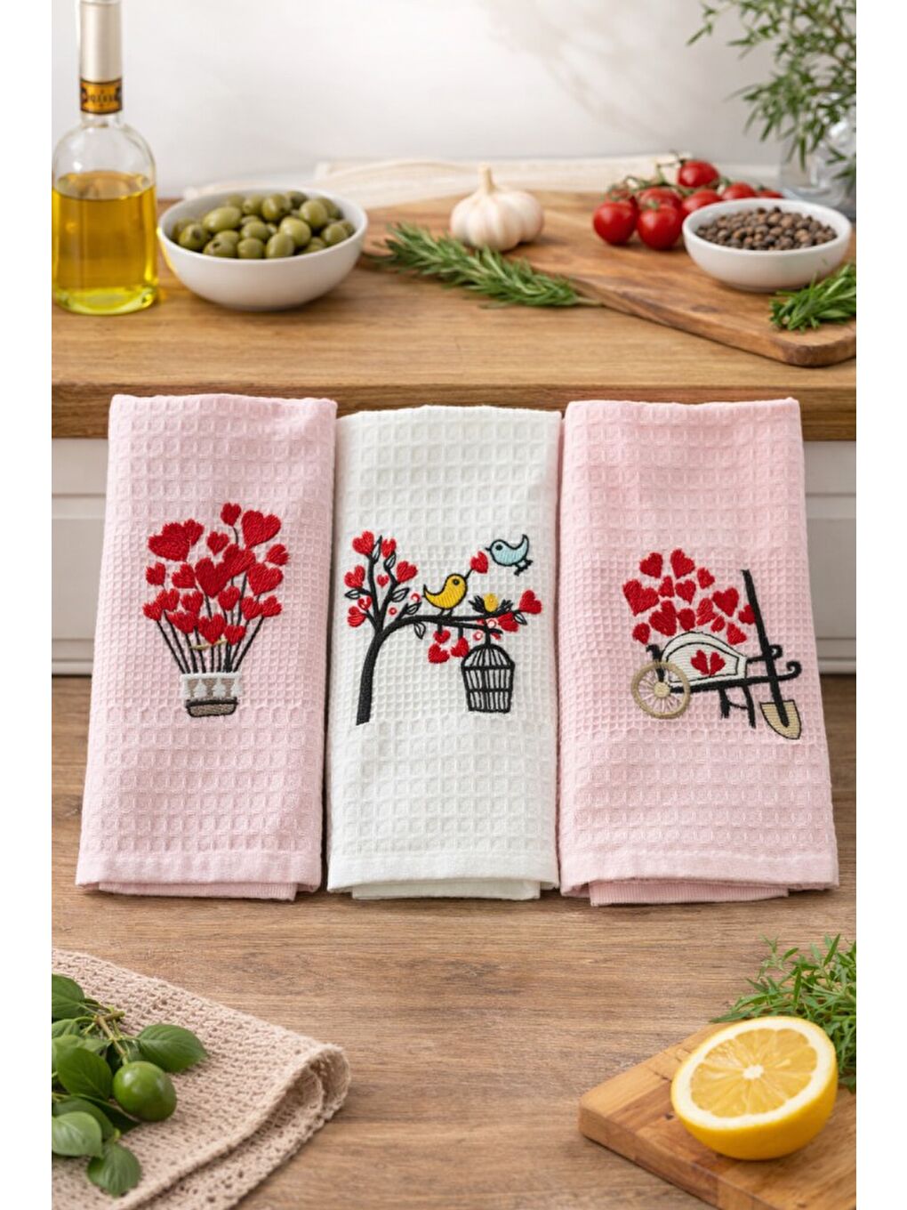Pembe 3’lü Nakışlı Waffle Mutfak Havlusu 40x60 cm – Süper Emici & Yumuşak