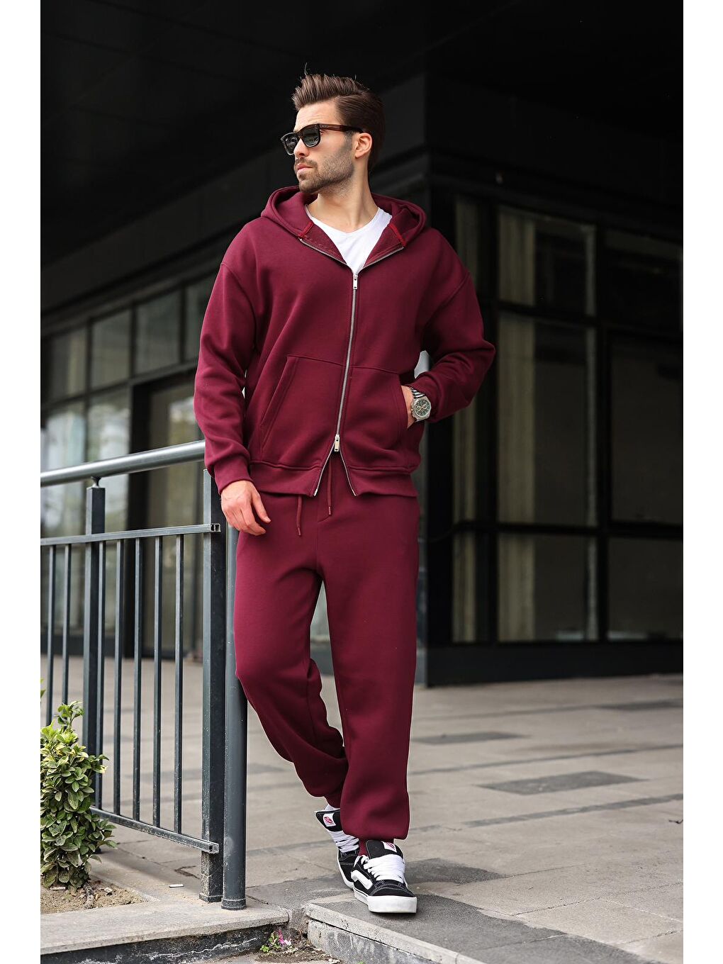 Bordo Çift Fermuarlı Kapüşonlu Eşofman Takımı E7345-4