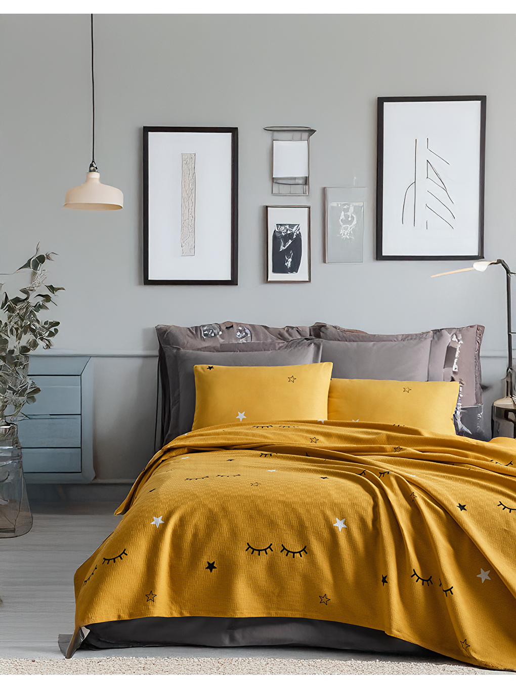 UPSTYLE Sari Doğal Pike Baskılı King 240x230cm Dide Sarı