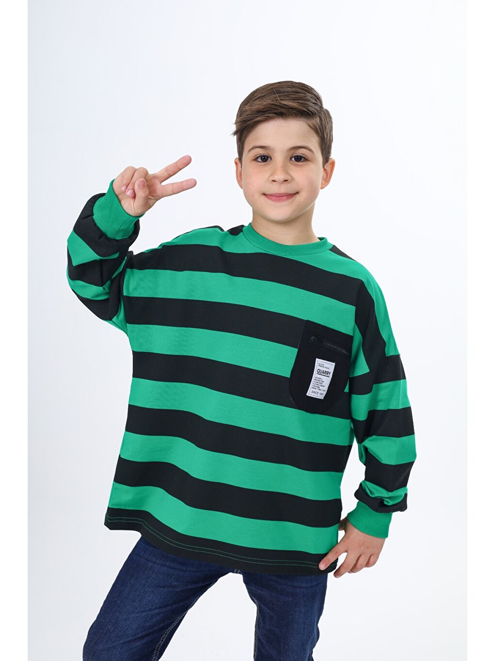 Yeşil Erkek Çocuk Çizgili Sweatshirt-1