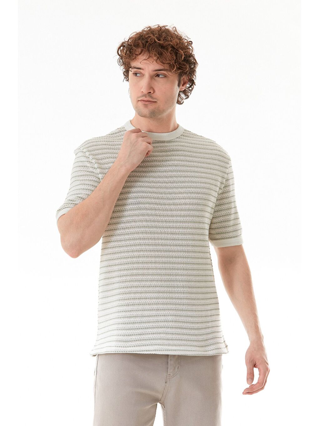 Turkuaz Çizgili Bisiklet Yaka Triko Örme Tişört