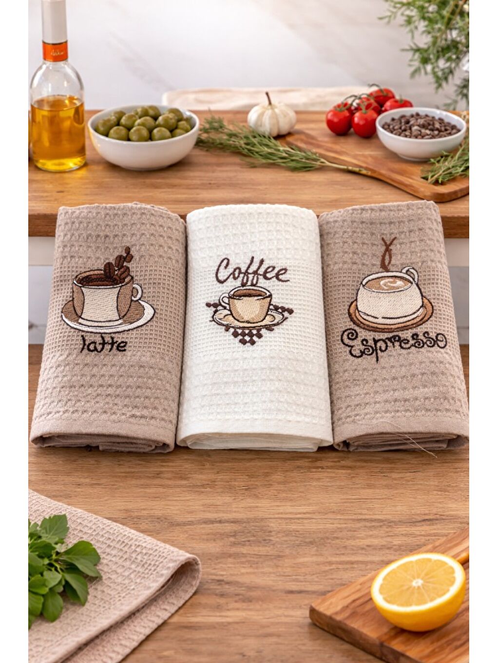Kahverengi 3’lü Nakışlı Waffle Mutfak Havlusu 40x60 cm – Süper Emici & Yumuşak