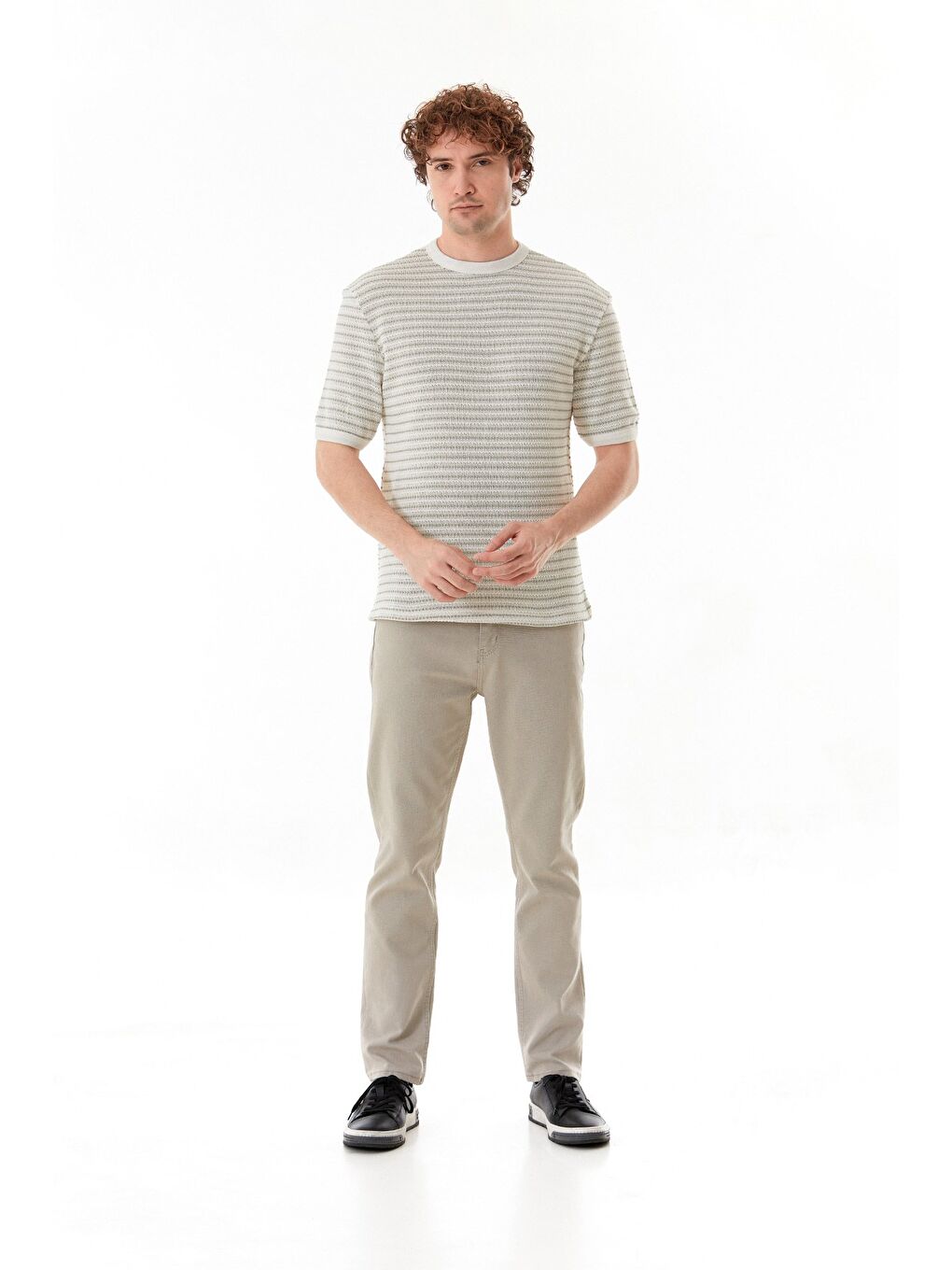 Turkuaz Çizgili Bisiklet Yaka Triko Örme Tişört-1