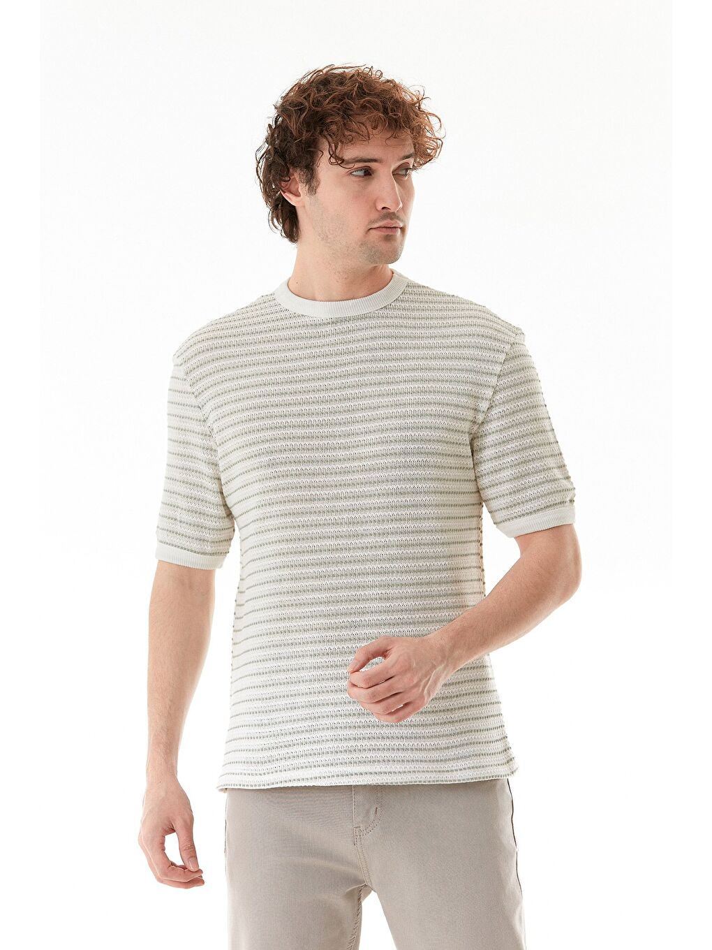 Turkuaz Çizgili Bisiklet Yaka Triko Örme Tişört-2