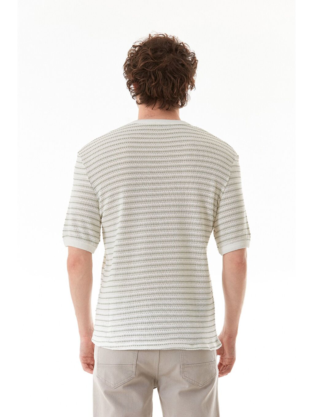 Turkuaz Çizgili Bisiklet Yaka Triko Örme Tişört-3