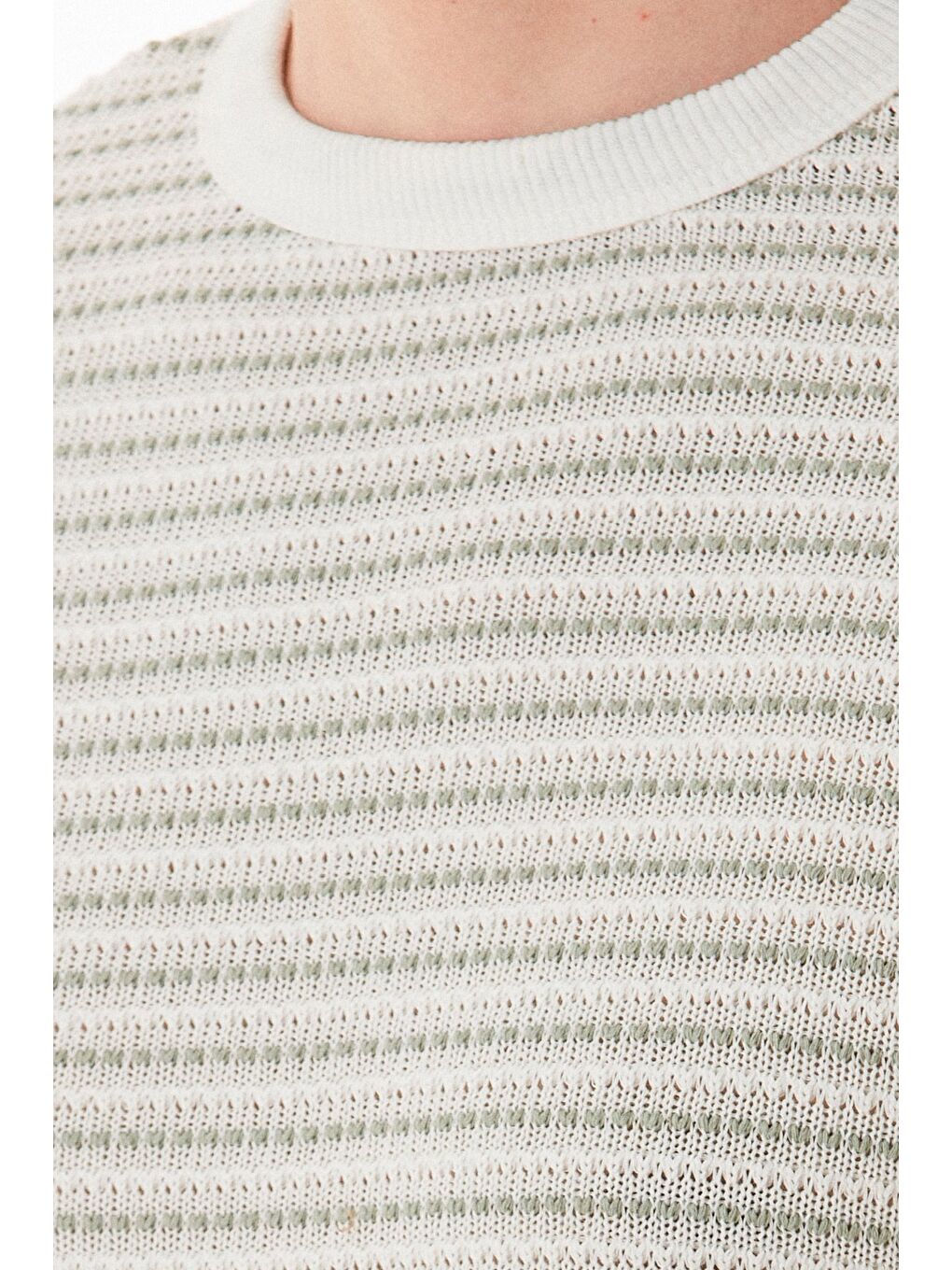 Turkuaz Çizgili Bisiklet Yaka Triko Örme Tişört-4