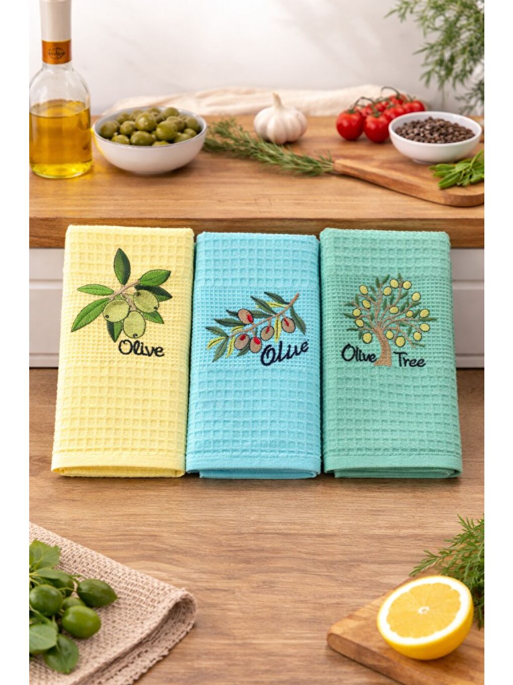 Yeşil 3’lü Nakışlı Waffle Mutfak Havlusu 40x60 cm – Süper Emici & Yumuşak