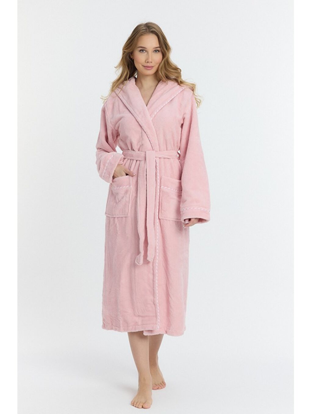 Pembe Triga Kapüşonlu Kadın Bornozu %100 Pamuk-1