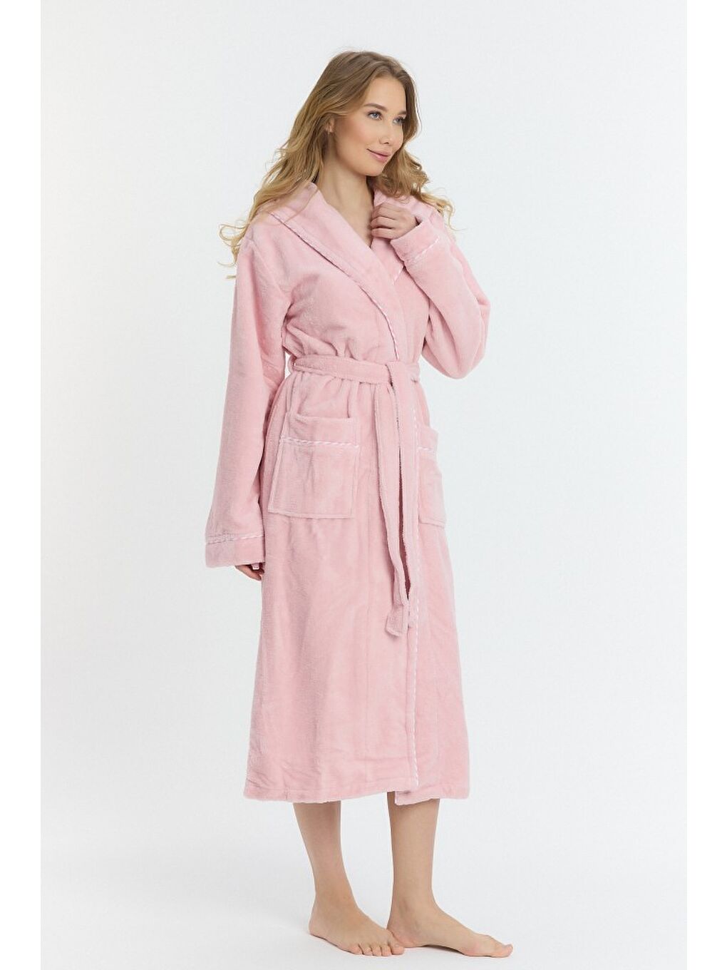 Pembe Triga Kapüşonlu Kadın Bornozu %100 Pamuk-2