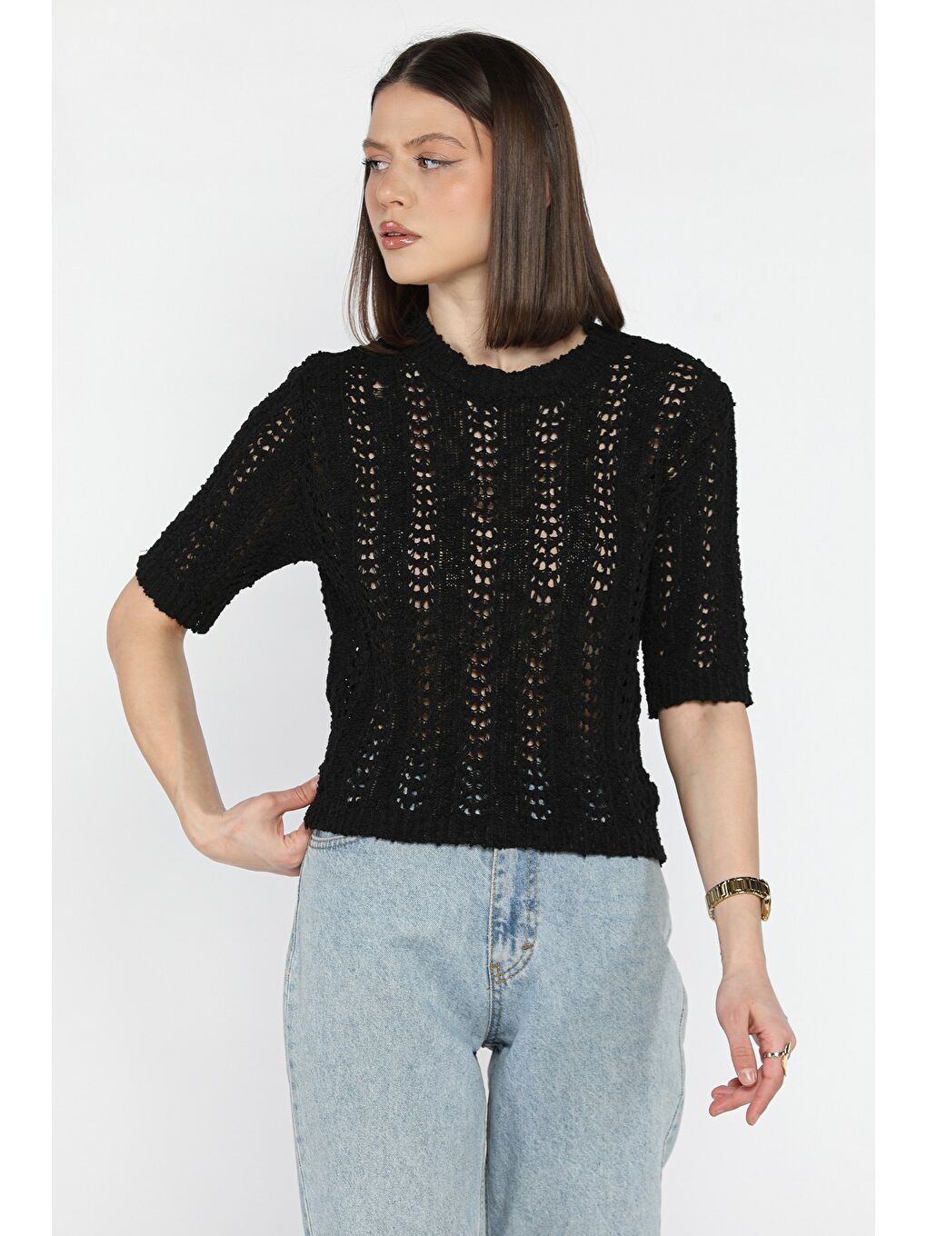 Siyah Kadın Bisiklet Yaka Ajurlu Mevsimlik Triko Bluz-1