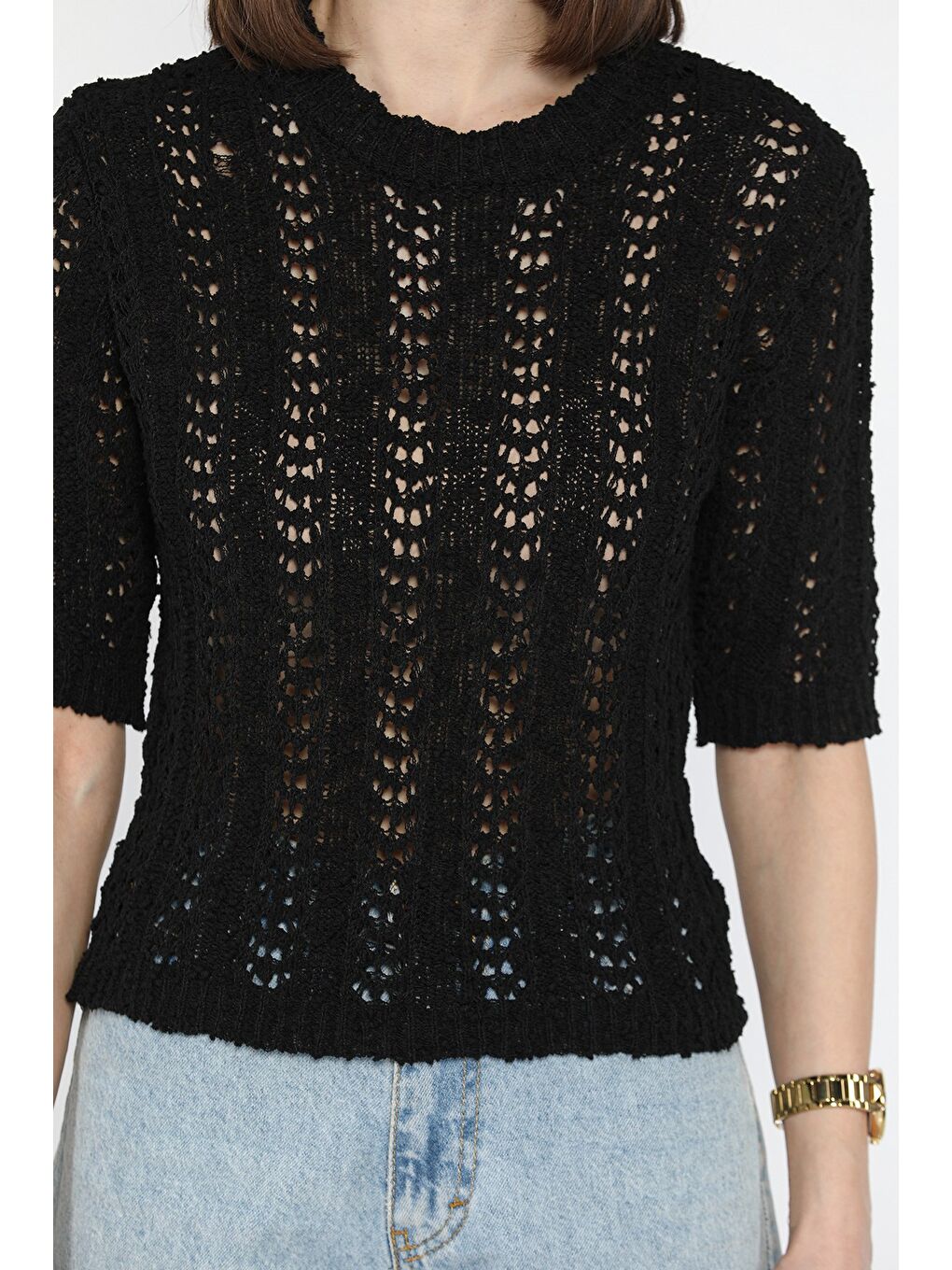 Siyah Kadın Bisiklet Yaka Ajurlu Mevsimlik Triko Bluz-2