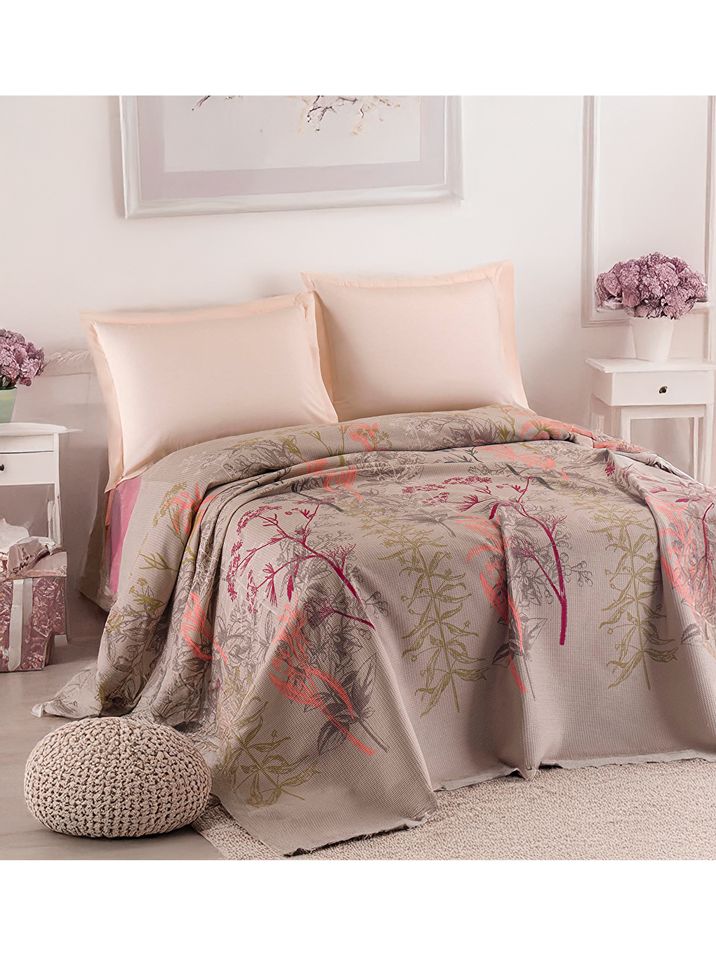 UPSTYLE Doğal Pike Baskılı Battal 220x230cm Urla Bej