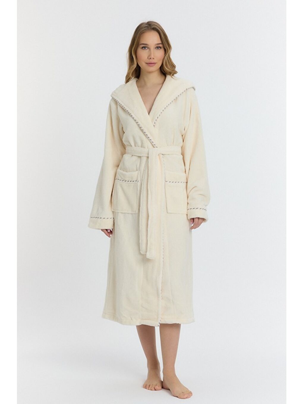 Ekru Triga Kapüşonlu Kadın Bornozu %100 Pamuk