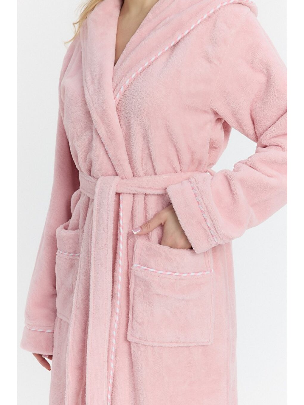 Pembe Triga Kapüşonlu Kadın Bornozu %100 Pamuk-4