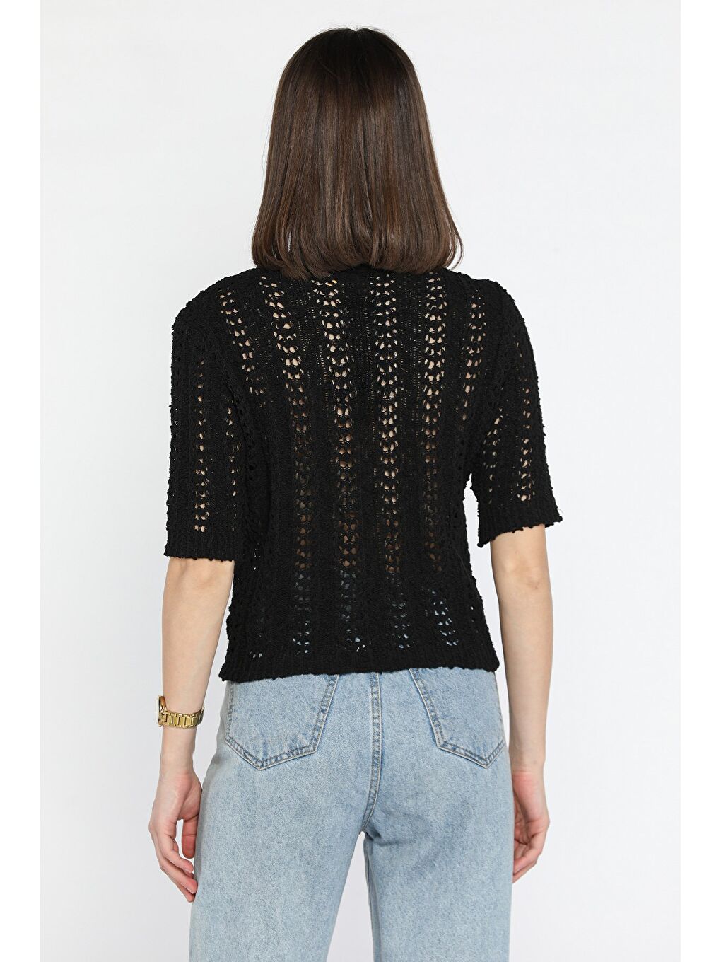 Siyah Kadın Bisiklet Yaka Ajurlu Mevsimlik Triko Bluz-3