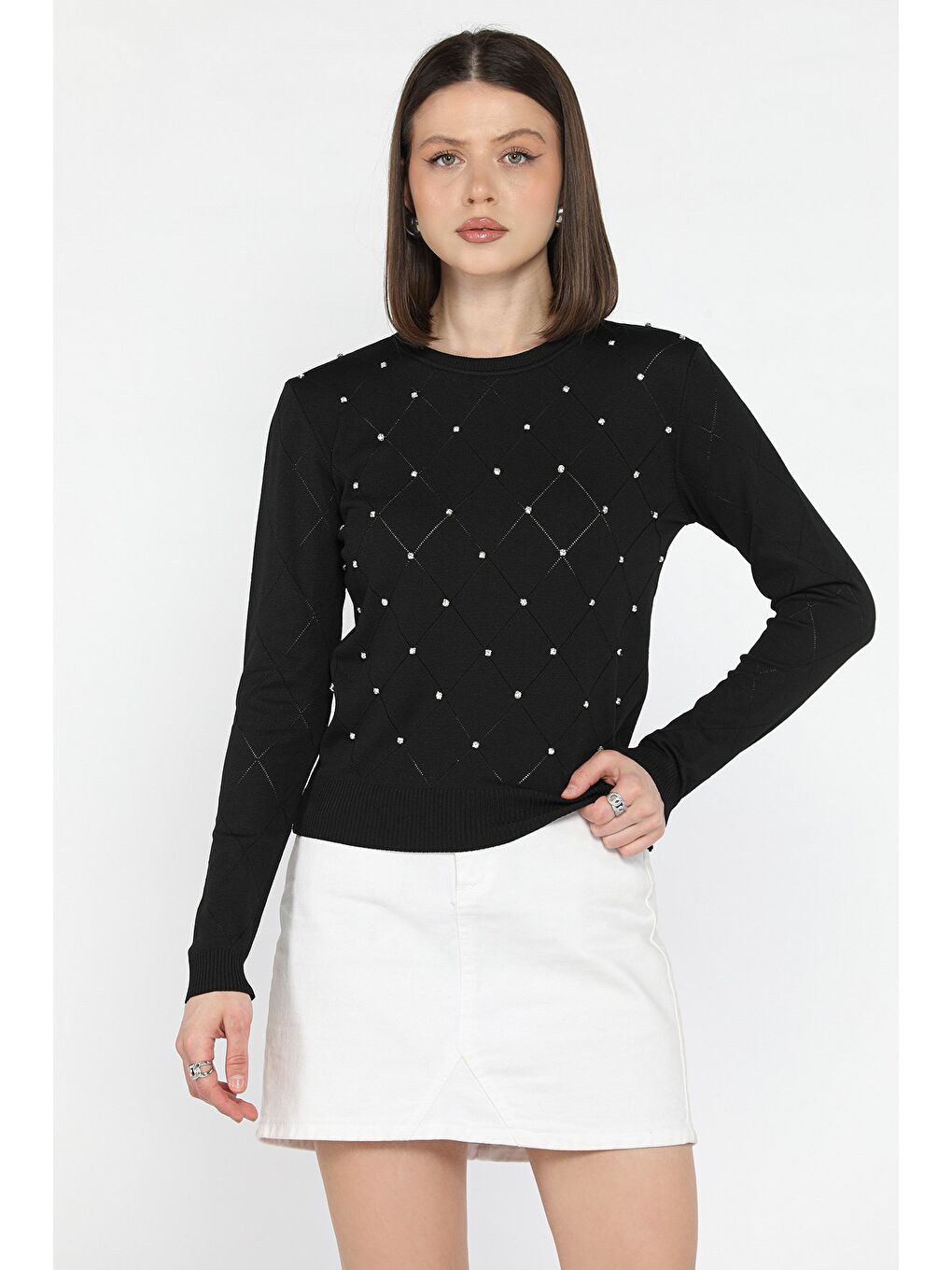 Siyah Kadın Bisiklet Yaka Taş İşlemeli Triko Bluz