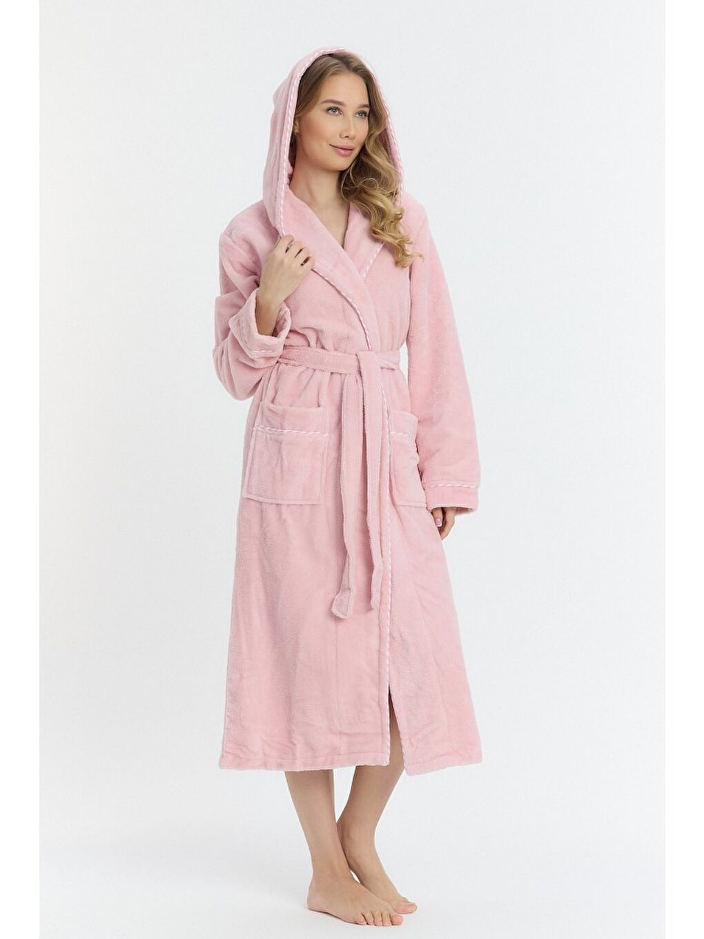 Pembe Triga Kapüşonlu Kadın Bornozu %100 Pamuk-5