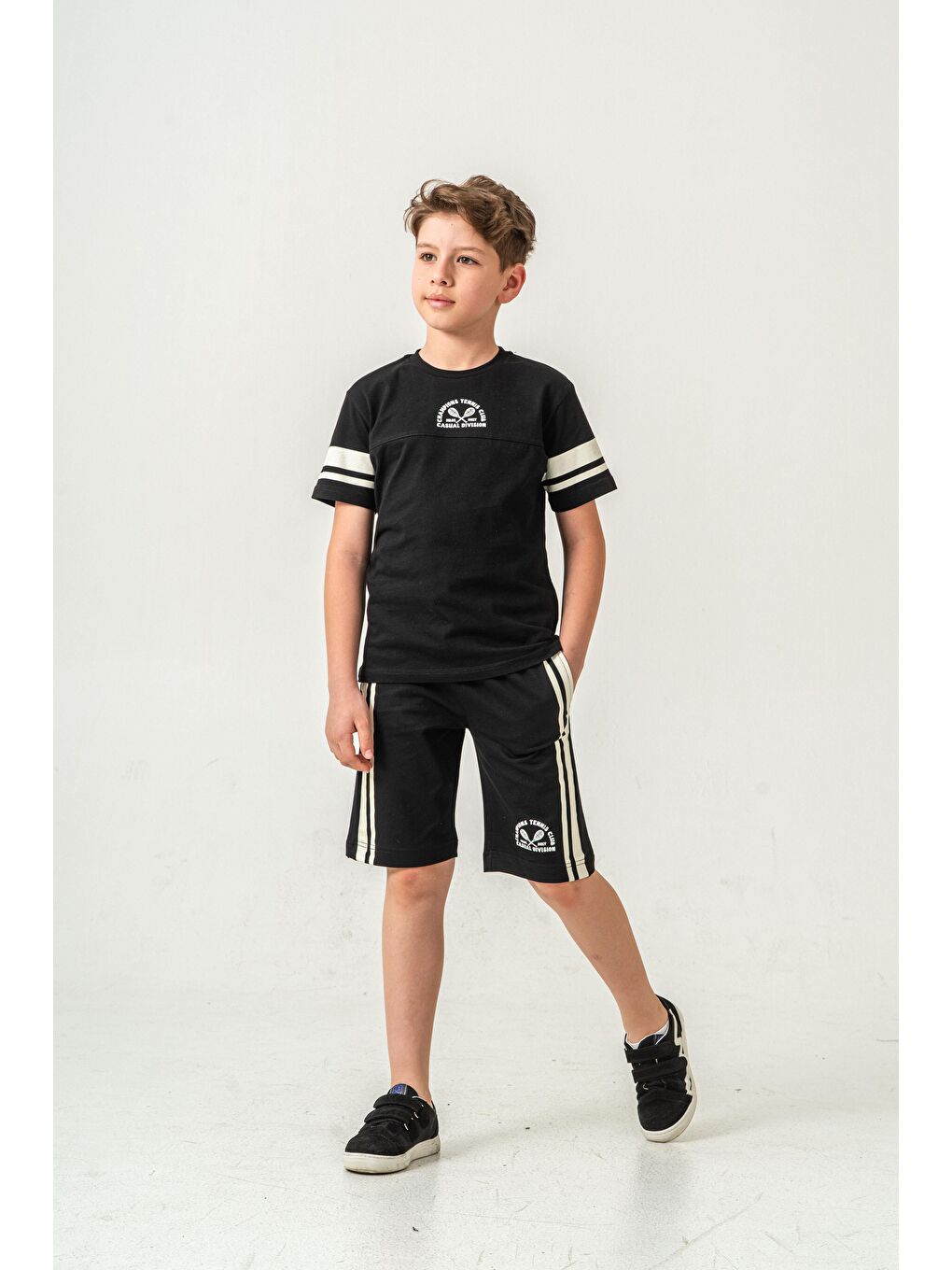 Siyah Champions Tennis Club Casual Division Baskılı  Erkek Çocuk Şort - Tişört Takımı-1