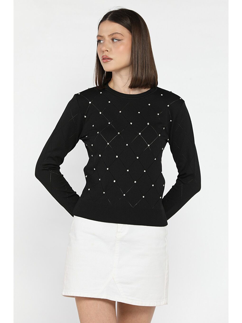 Siyah Kadın Bisiklet Yaka Taş İşlemeli Triko Bluz-1