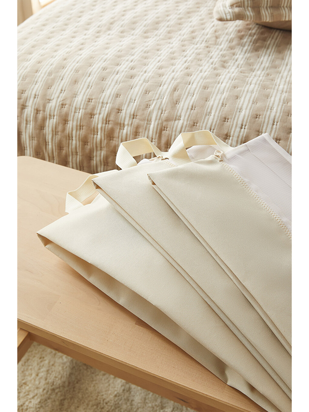 3'lü Bej Renk Fileli Oxford Kumaş Ayakkabı Düzenleyici Taşıma Çantası Seti 22 X 40 X 9 Cm-4