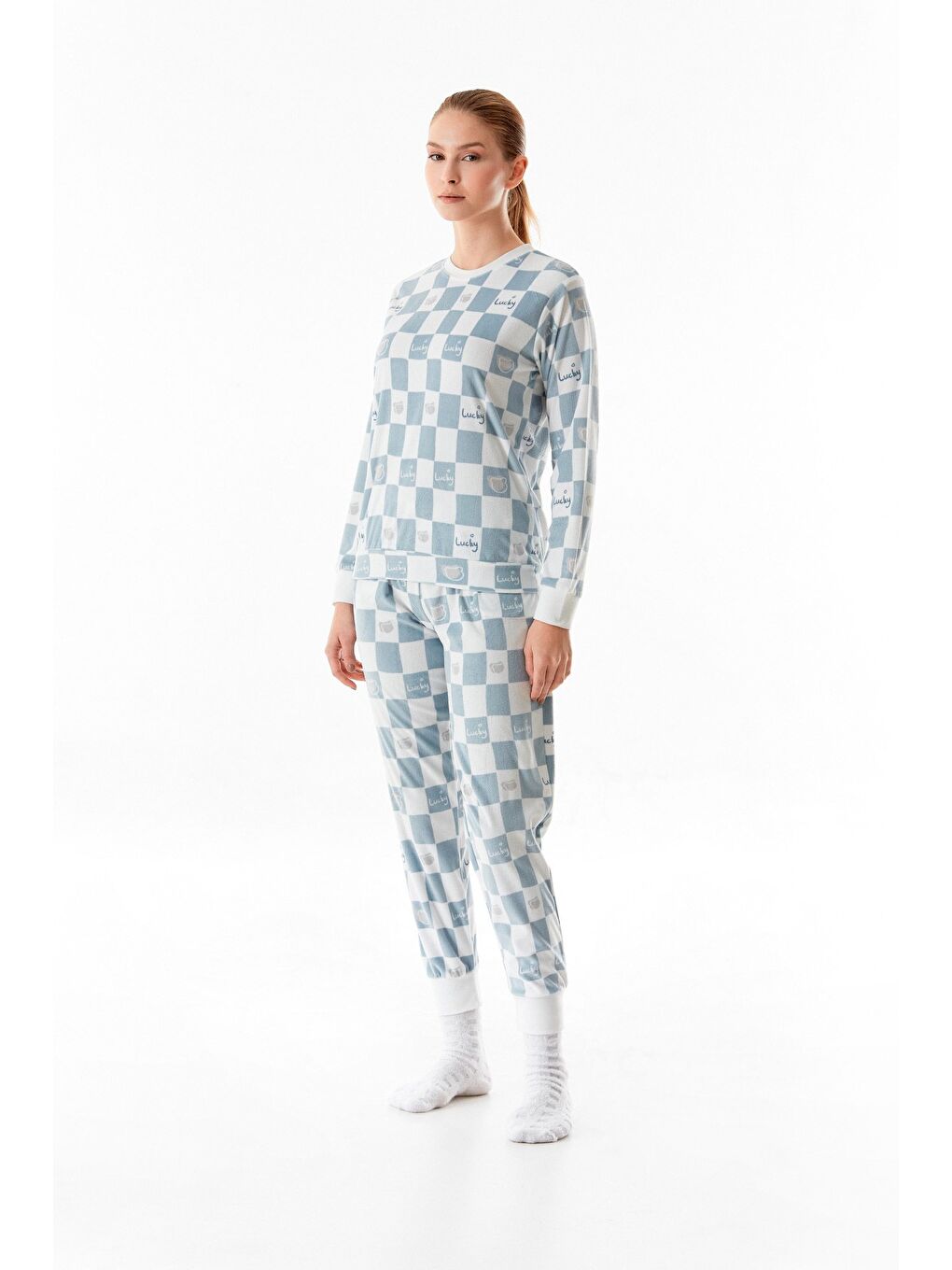 Mavi Dama Desenli Bisiklet Yaka 2'li Kadife Pijama Takımı-1