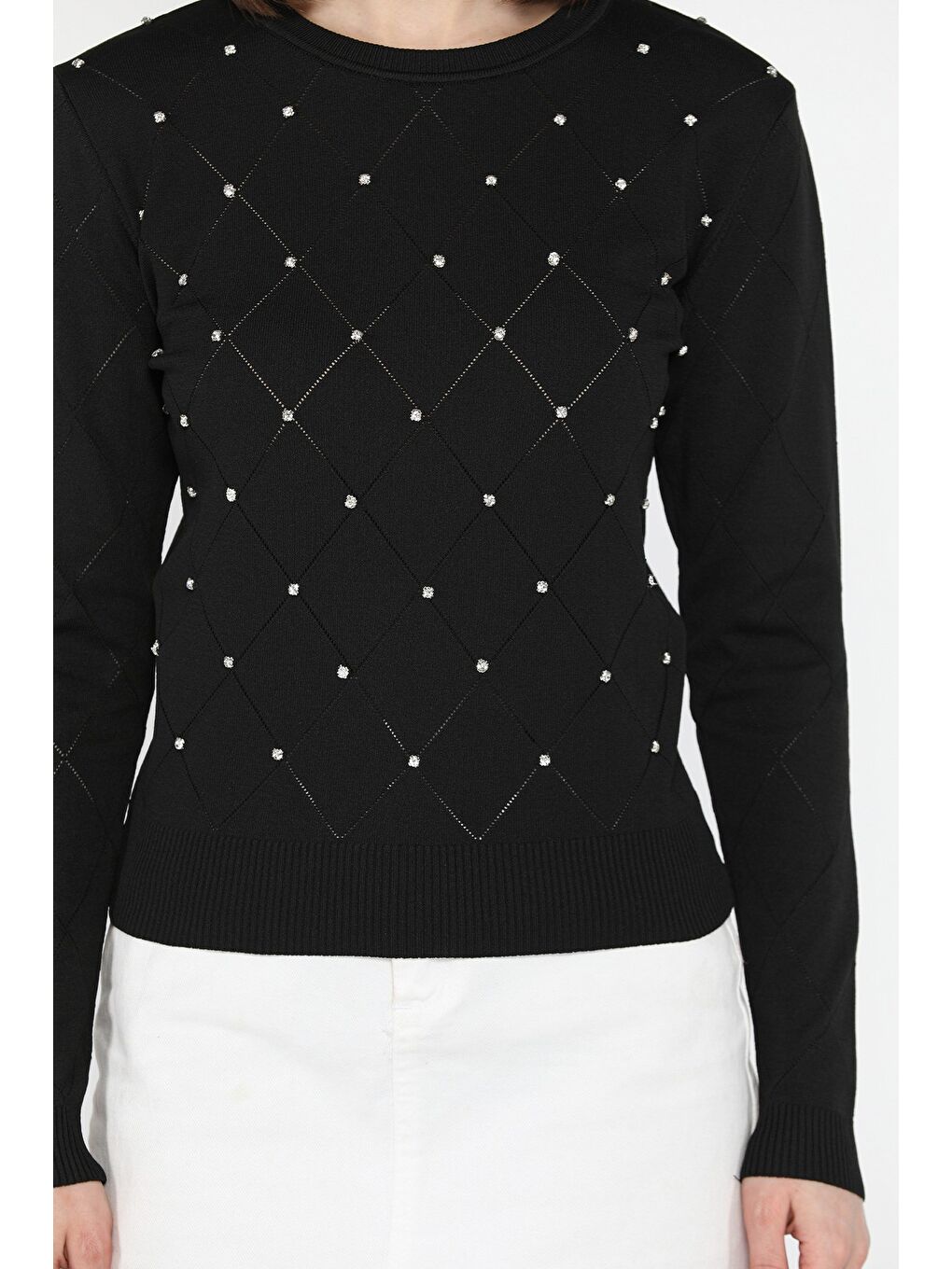 Siyah Kadın Bisiklet Yaka Taş İşlemeli Triko Bluz-2