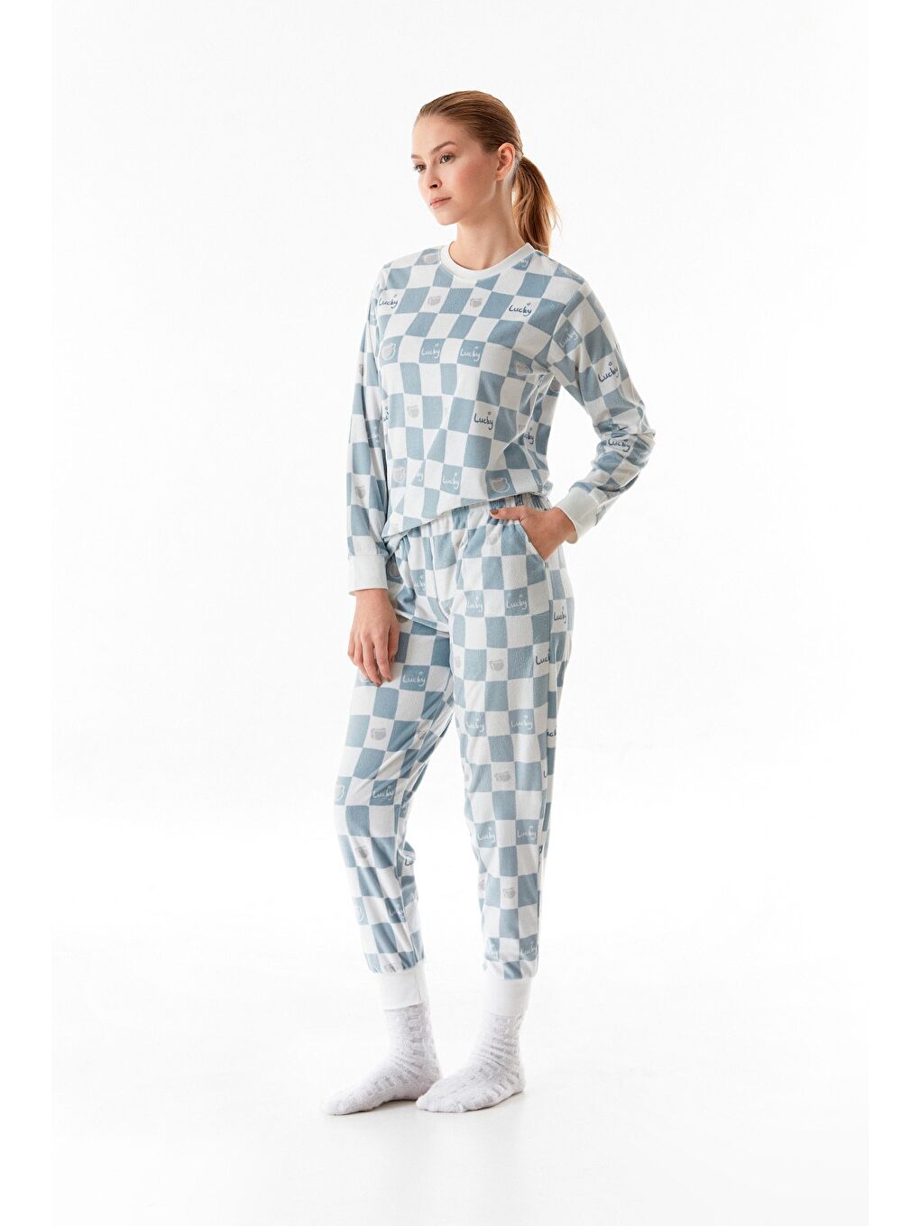 Mavi Dama Desenli Bisiklet Yaka 2'li Kadife Pijama Takımı-4