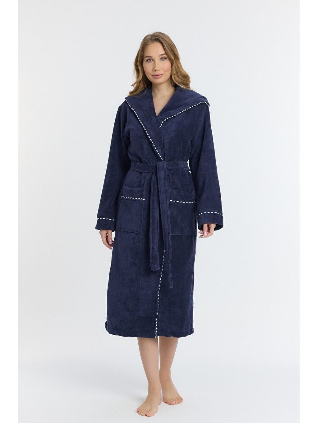 Lacivert Triga Kapüşonlu Kadın Bornozu %100 Pamuk