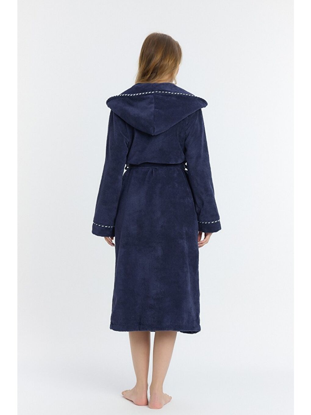 Lacivert Triga Kapüşonlu Kadın Bornozu %100 Pamuk-5