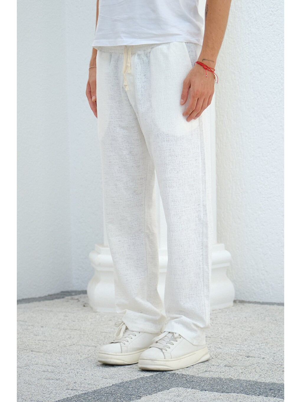 Ekru Erkek Baggy Kalıp Eşofman Altı Bağcıklı Rahat Kesim Günlük Pantolon-1