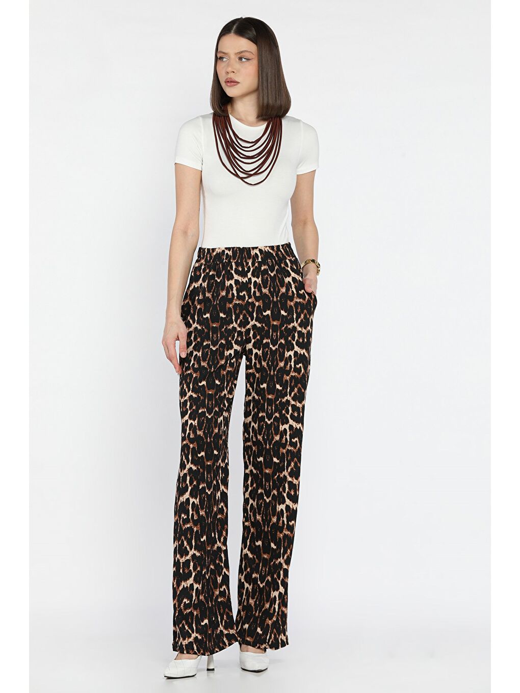 Bej Kadın Bel Lastikli Çift Cepli Bürümcük Pantolon-1