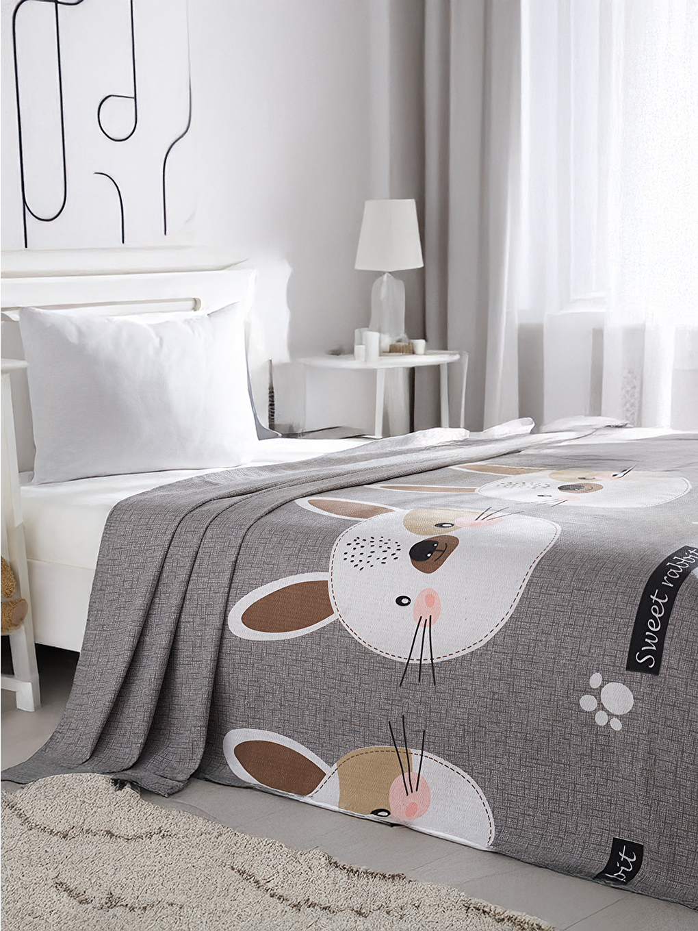 Kahverengi Doğal Pike Baskılı Kids 140x230cm Tavşancık A.Kahve-Gri-Pembe