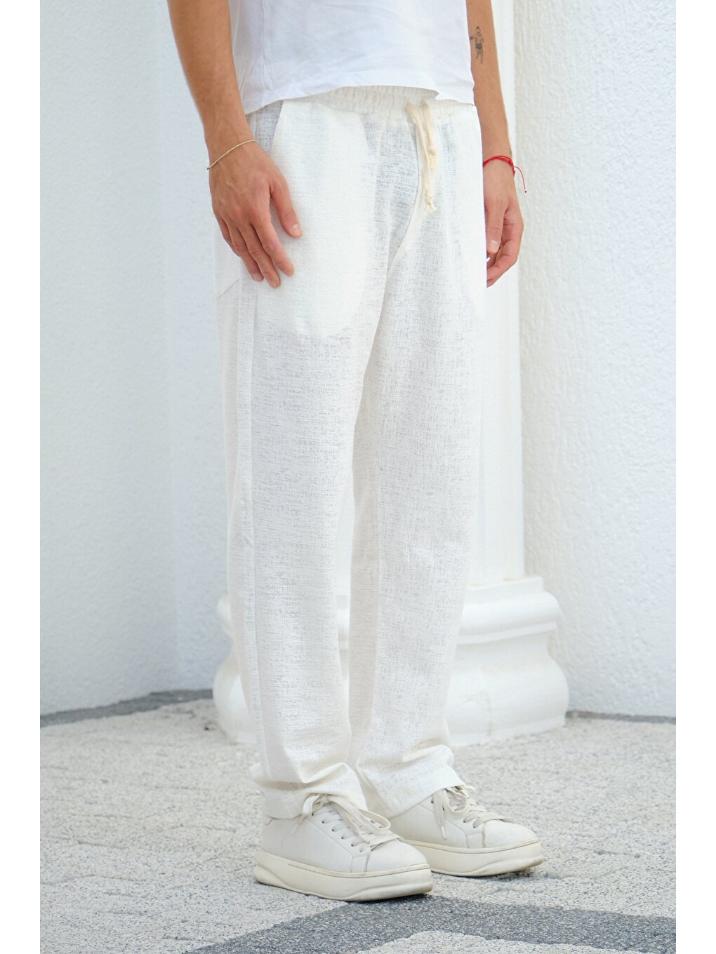 Ekru Erkek Baggy Kalıp Eşofman Altı Bağcıklı Rahat Kesim Günlük Pantolon-2