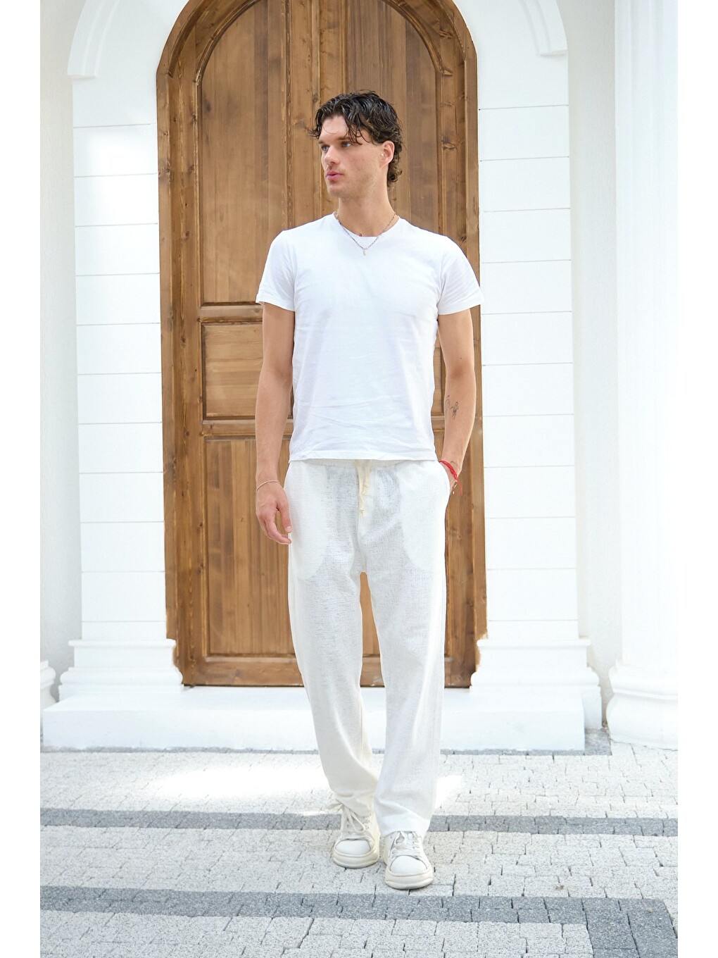 Ekru Erkek Baggy Kalıp Eşofman Altı Bağcıklı Rahat Kesim Günlük Pantolon-3