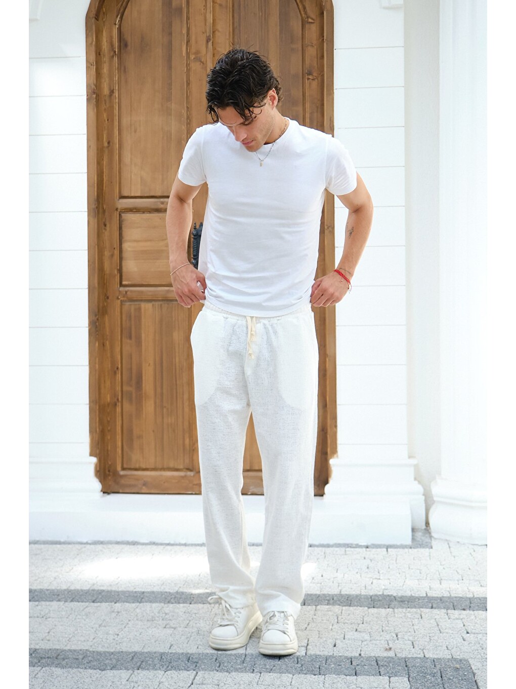 Ekru Erkek Baggy Kalıp Eşofman Altı Bağcıklı Rahat Kesim Günlük Pantolon-5