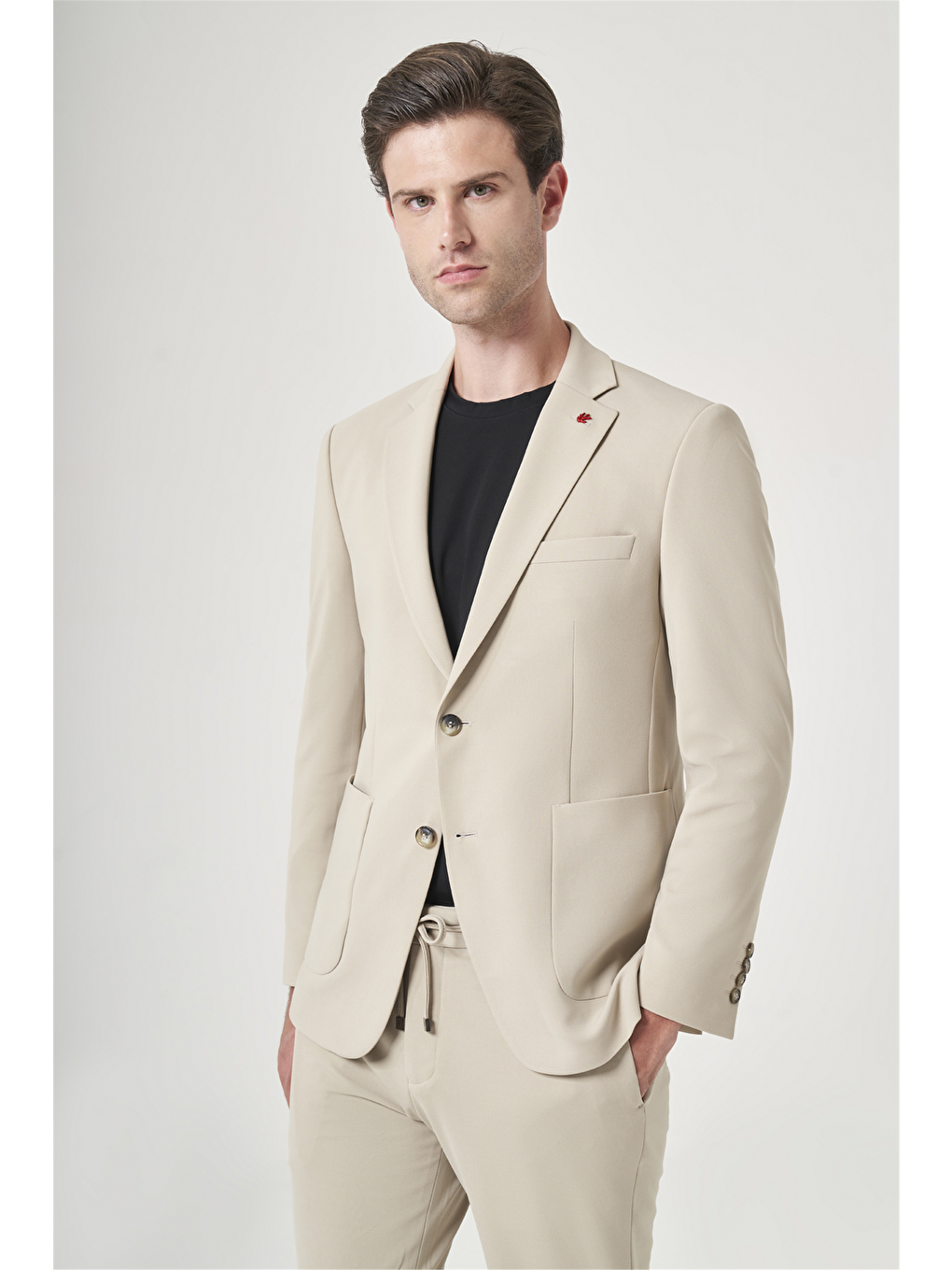 Bej Mono Yaka 6 Drop Slim Fit Beli Lastikli Takım Elbise 1001260194-1