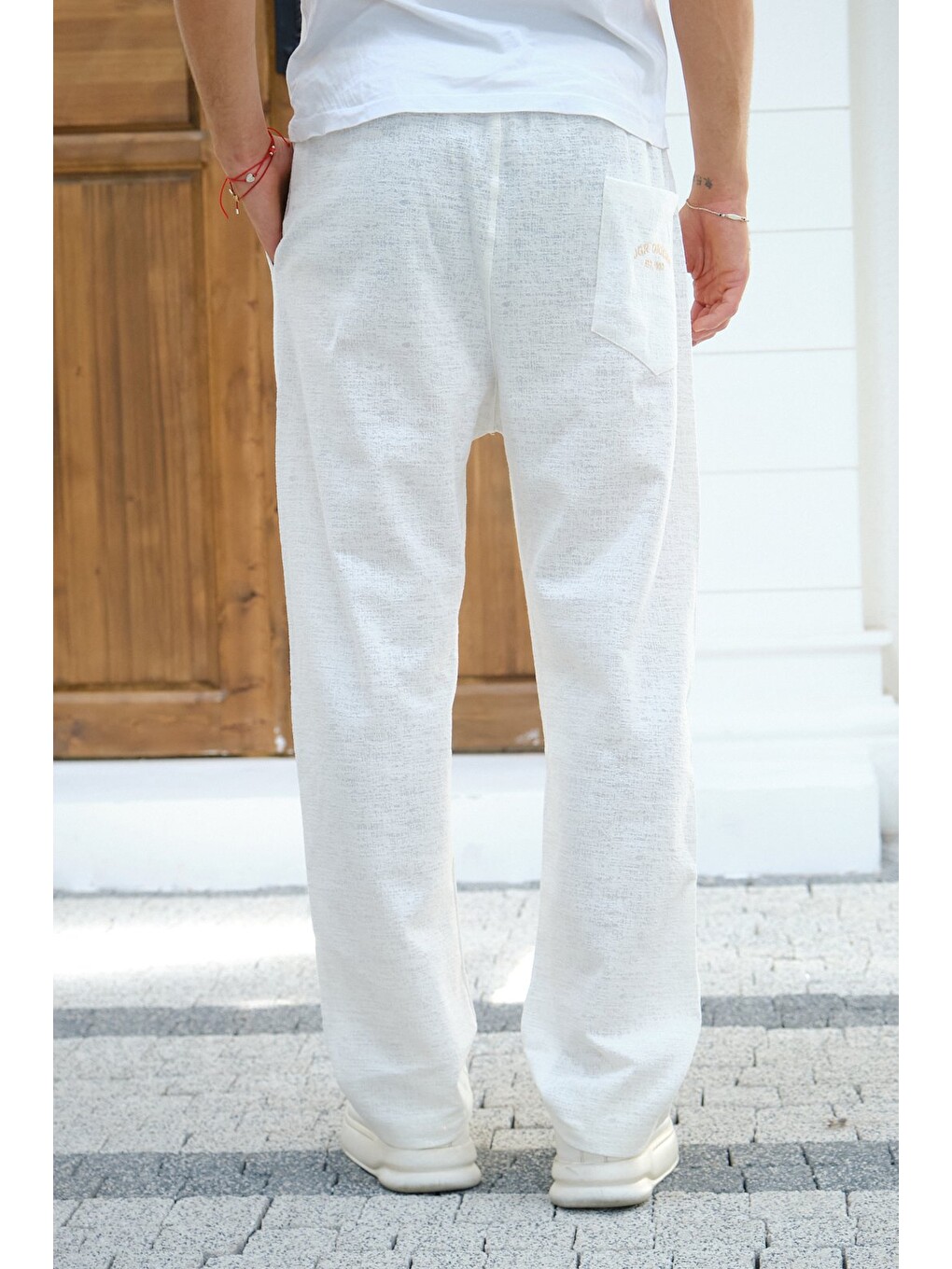 Ekru Erkek Baggy Kalıp Eşofman Altı Bağcıklı Rahat Kesim Günlük Pantolon-6