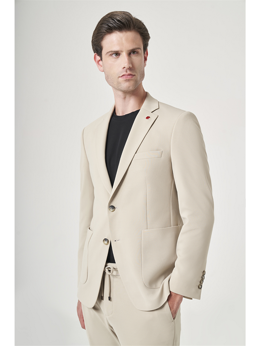 Bej Mono Yaka 6 Drop Slim Fit Beli Lastikli Takım Elbise 1001260194-2