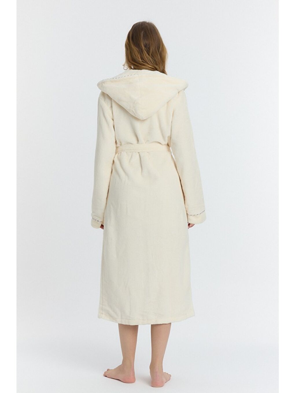 Ekru Triga Kapüşonlu Kadın Bornozu %100 Pamuk-7