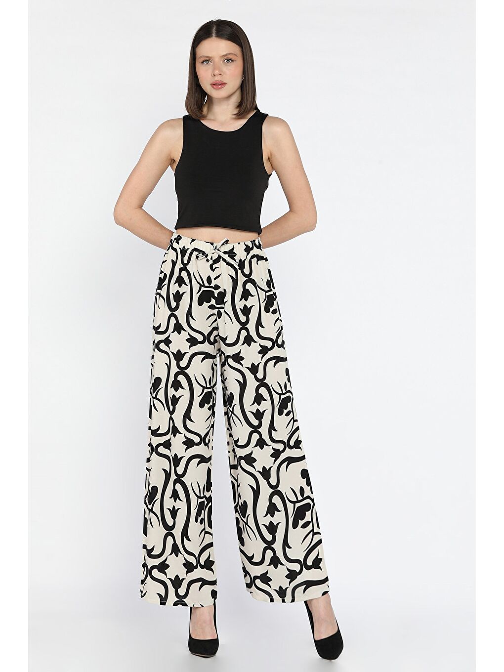 Ekru Kadın Bol Paça Viskon Yürüyüş Pantolonu