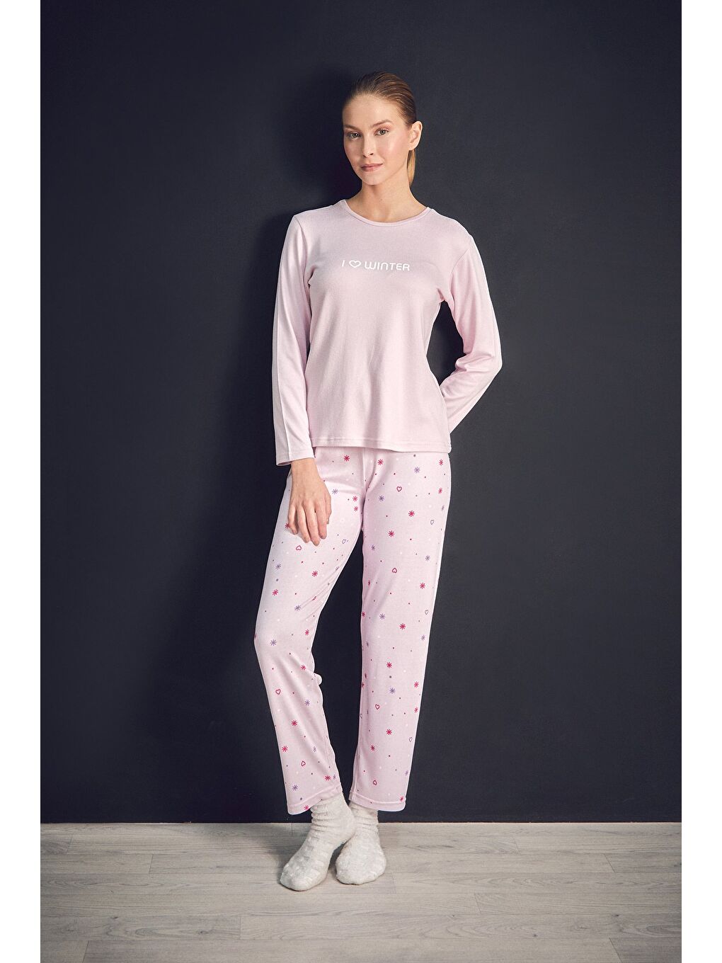 Lila Yazı Baskılı Bisiklet Yaka 2'li Pijama Takımı