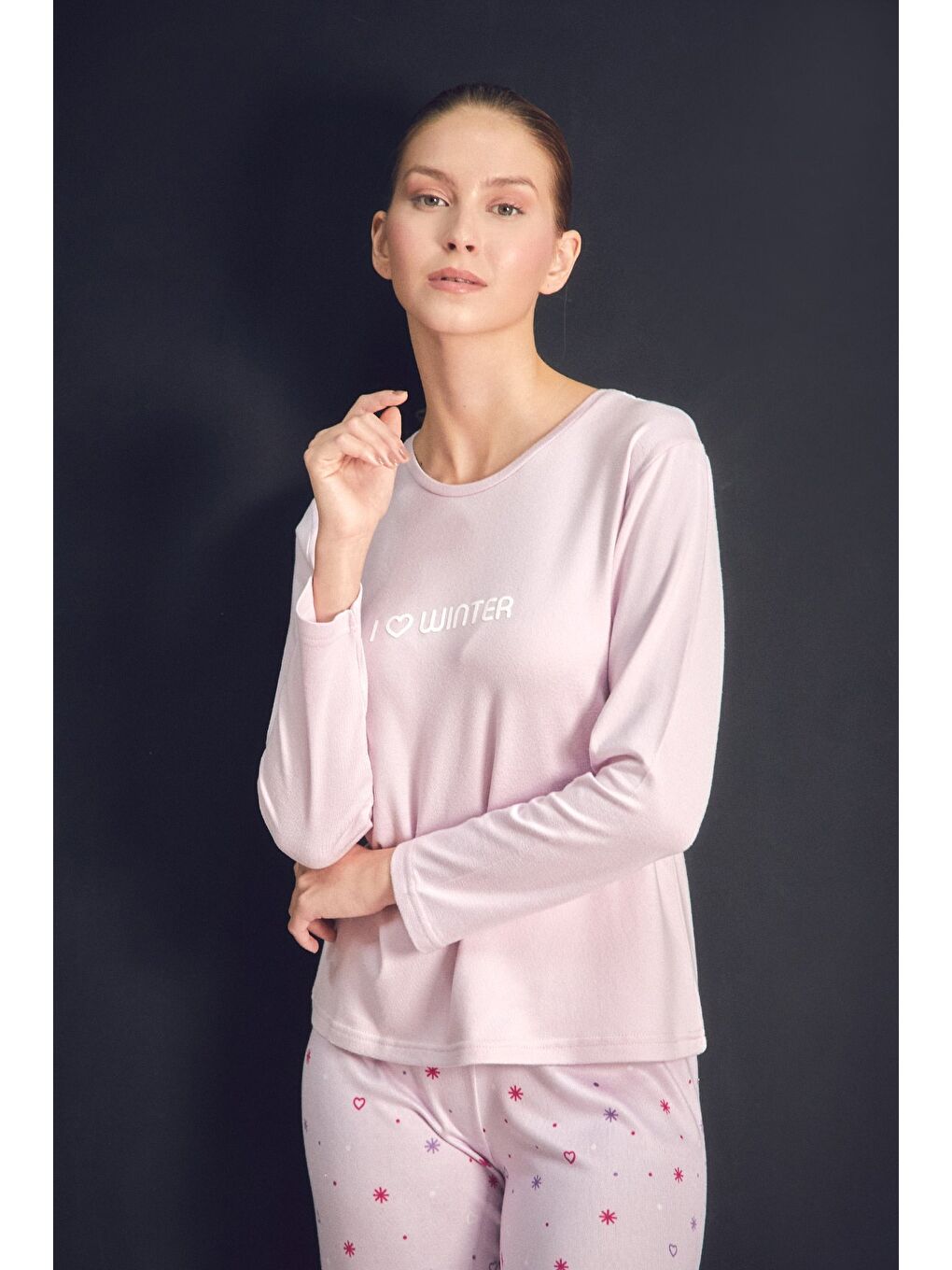 Lila Yazı Baskılı Bisiklet Yaka 2'li Pijama Takımı-1