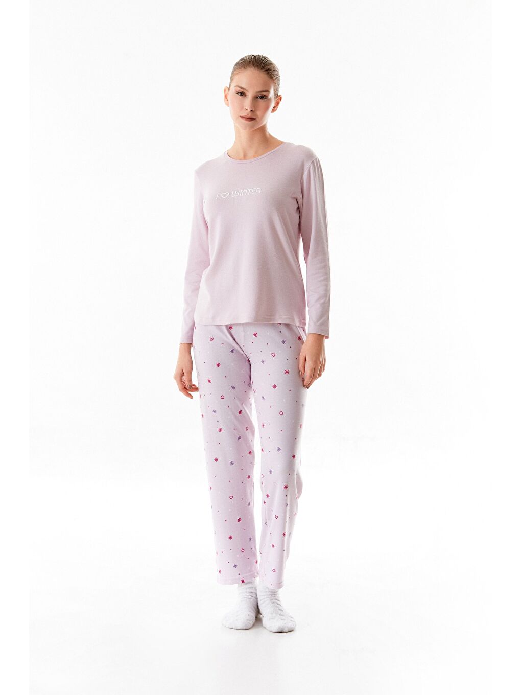 Lila Yazı Baskılı Bisiklet Yaka 2'li Pijama Takımı-2